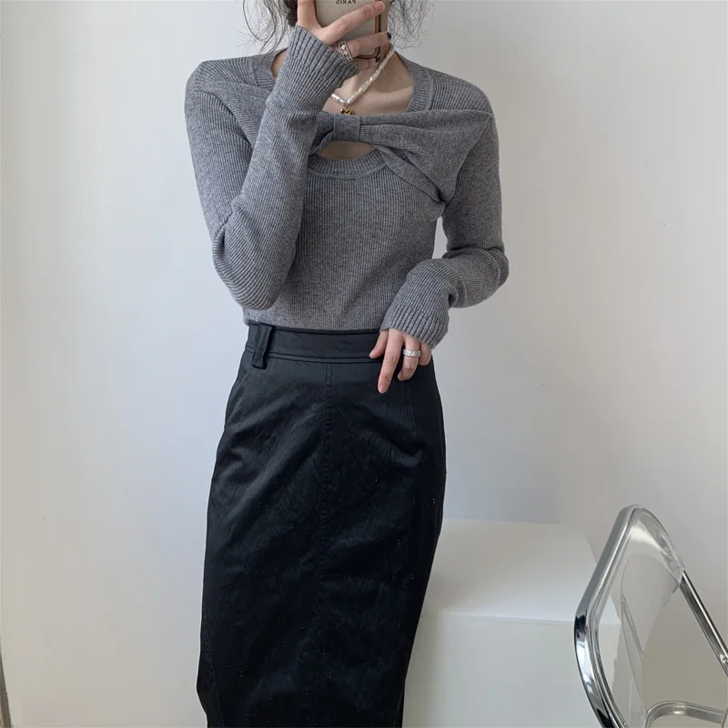 

Spring and Autumn Women's Casual Solid Color Round Neck Long Sleeve Bow Slim Sweater