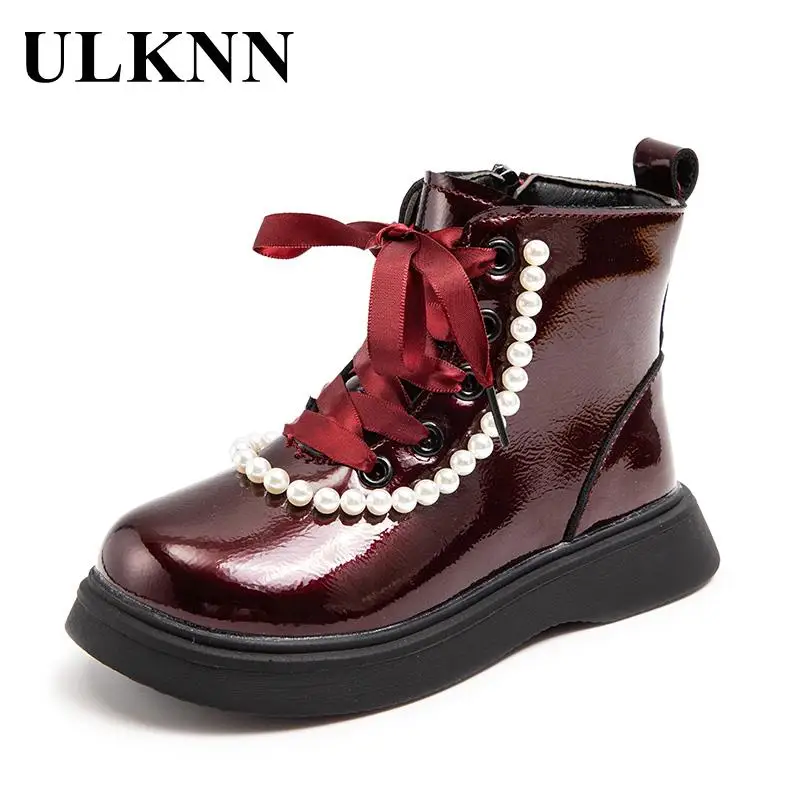 

Elegant Girl Martin Boots Winter Children String Bead Round Toe Patent-leather Shoes Kid's Students Zippers Thick Short Boots