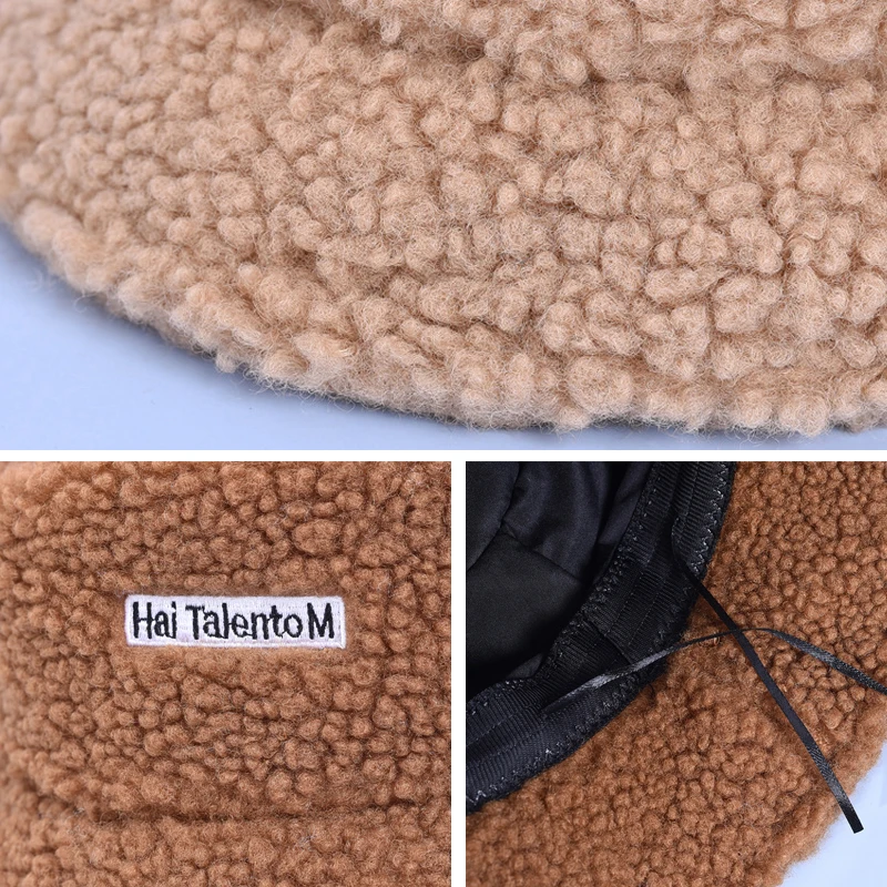 

Winter Lente Dikke Warme Zachte Lam Wol Vrouwen Emmer Hoed Effen Kleur Vrouwelijke Dames Platte Top Hat Winter Beanie Bonnet