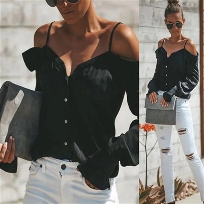 

Women Chiffon Blouse Shirts Women Off Shoulder V-Neck Long Sleeves Tops Loose Blouse Shirt Cold Shoulder Sling Shirt Women Tops