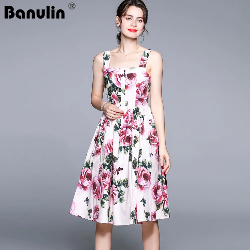

Banulin Designer Women Dress High Quality 2021 Summer Runway Fashion Spaghetti Strap Backless Flower Print Boho Short Dress