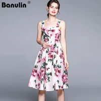 banulin designer women dress high quality 2021 summer runway fashion spaghetti strap backless flower print boho short dress
