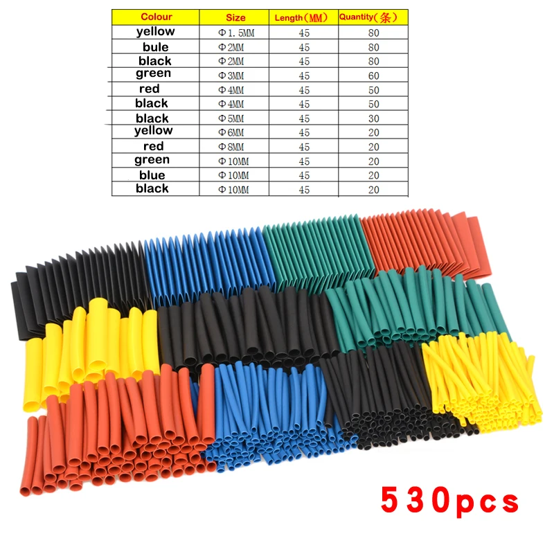 

530PCS Heat Shrink Tube 5 Colour Diameter 1.5/2/3/4/5/6/8/10mm Assorted Tube Wrap Sleeve Set Combo
