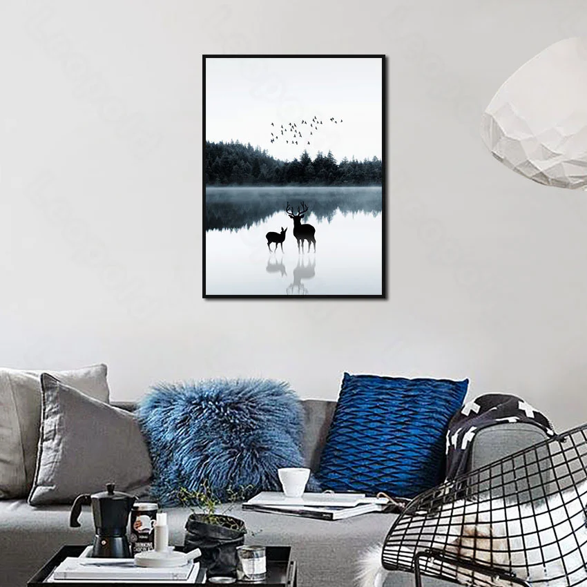 

Modern Style Murals Landscape Forest Lake Deer Frameles Poster Home Residential Bedroom Decoration Living Room Canvas Painting