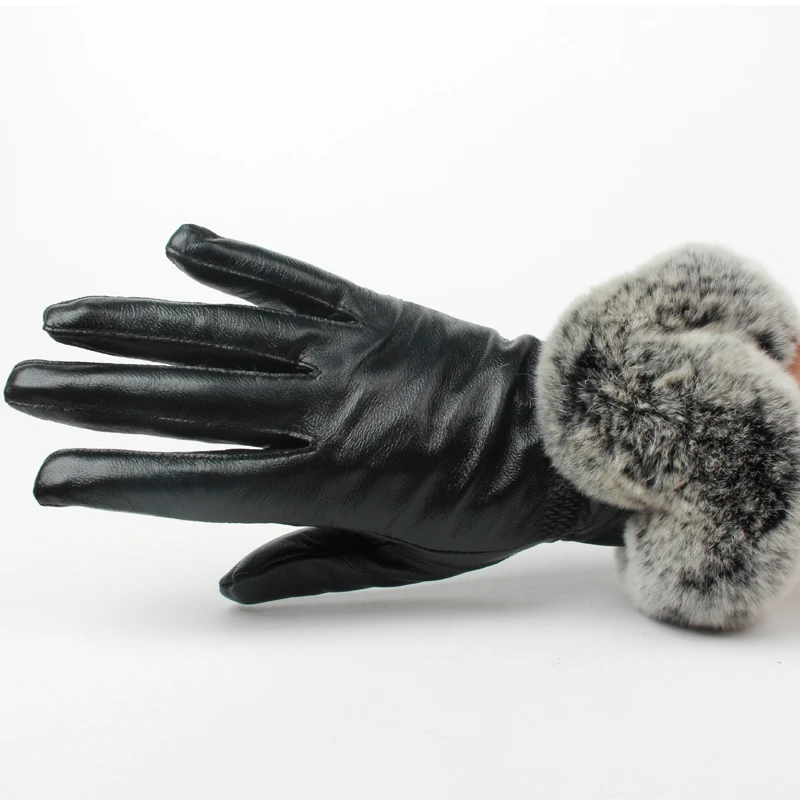 

Genuine sheep Leather Gloves real rabbit fur lady Winter Fashion women warm real lamb skin high quality Velvet Windproof