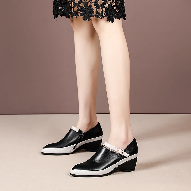 

Asumer Big Size 41 High Heels Wedges Shoes Women Pumps Pointed Toe Mixed Colors Buckle Dress Shoes Ladies Genuine Leather Shoes