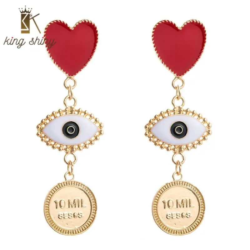 

2020 New Arrival Korean Red Heart Coin Eye Statement Drop Earring for Woman Vintage Punk Exaggerated Long Drop Earring for Lady