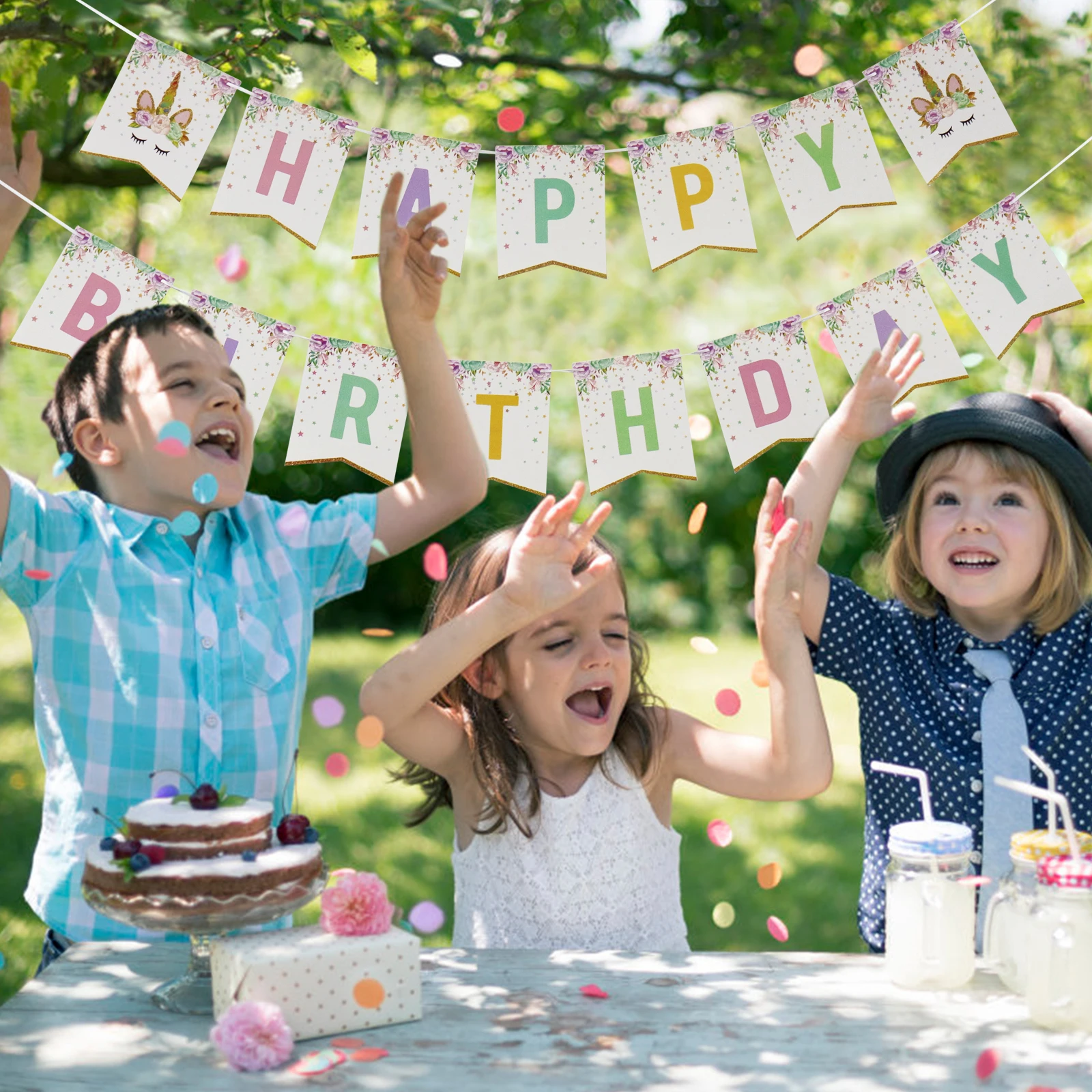 Баннер на день рождения с единорогом 1 комплект|Флажки вымпелы и конфетти| |