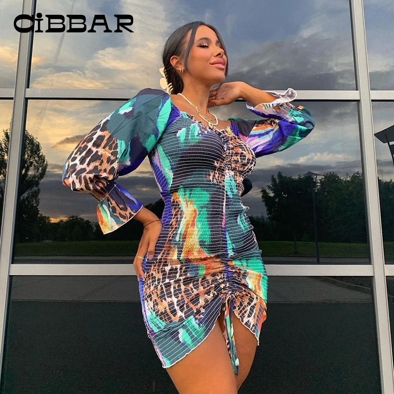 

CIBBAR Autumn Leopard Printed Hipster Mini Dress Women Harajuku Shirring Long Sleeve Bodycon Dresses Vintage Fashion Streetwear
