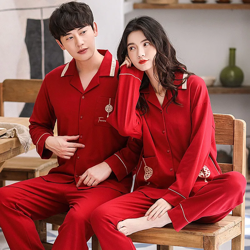 

Long-sleeved Couple Pajamas Cotton Wedding Red Natal Men Suit Bridal Home Service Women Pajama Set Women