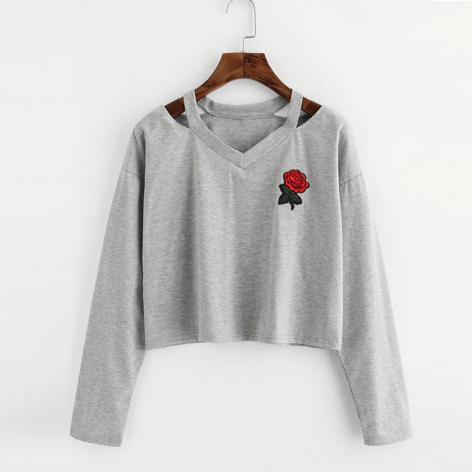 Harajuku футболка Женская мода с длинным рукавом v-образным вырезом принтом розы Топы