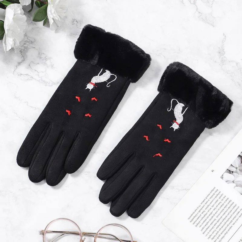 Black3 Женские зимние перчатки с сенсорным экраном, женские замшевые меховые теплые перчатки с полным пальцем, женские зимние перчатки для спорта на открытом воздухе, женские перчатки для вождения - Цвет: Black3
