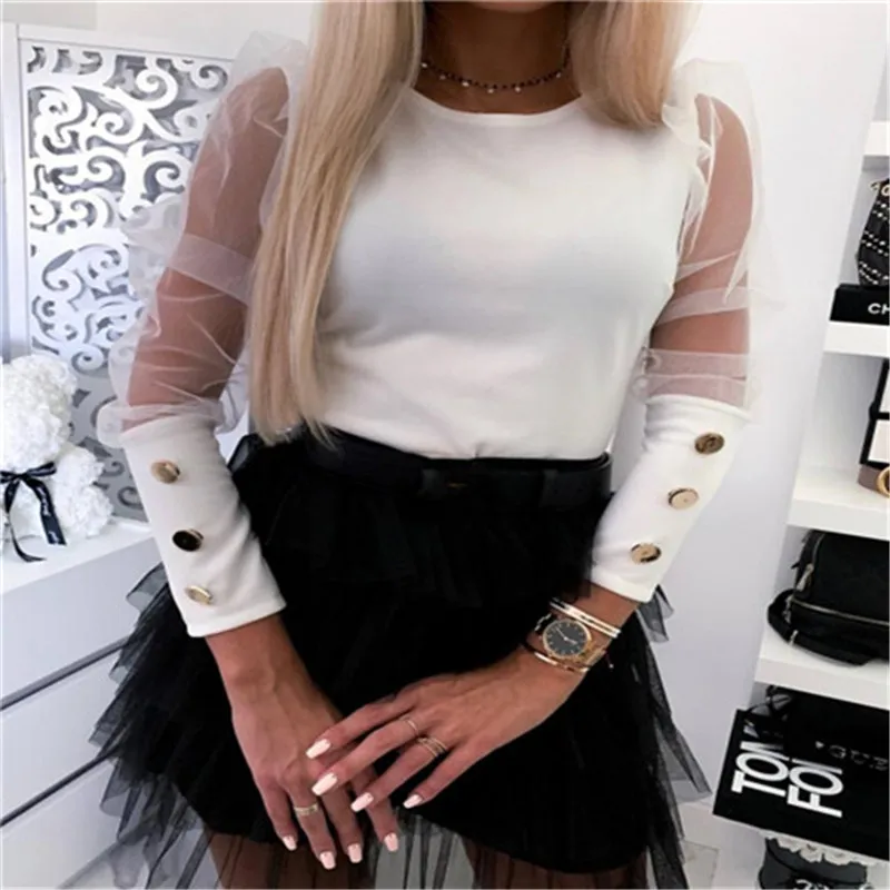 

Casual Women Mesh Puff Long Sheer Sleeve Tops Pullover Button T-shirts Spring New Knitted Ribbed Tops OL Office Lady T-shirts
