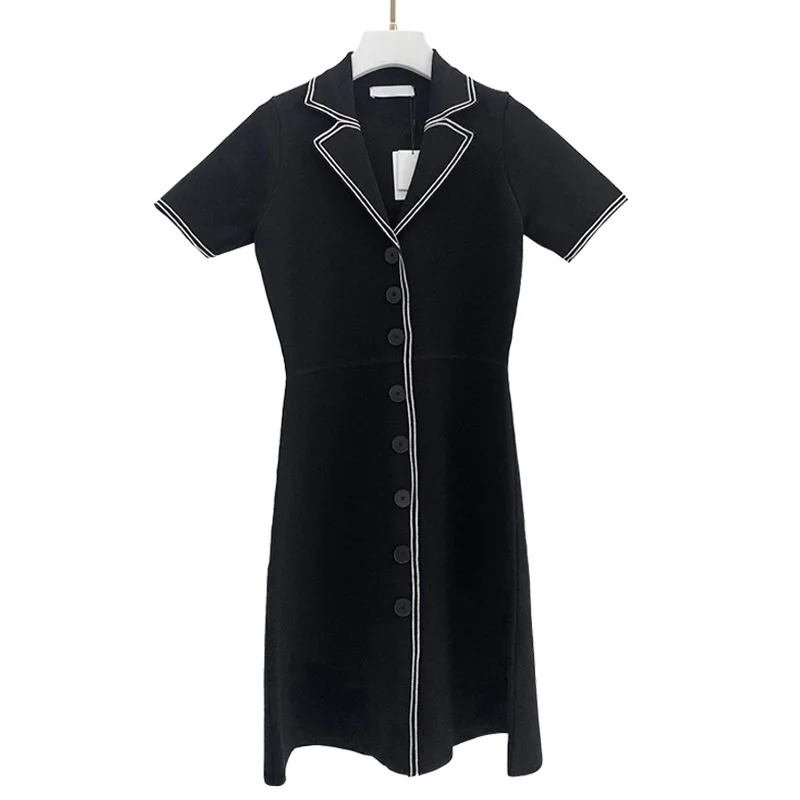 

Hot Selling French Single 21 Summer New Style Lapel Retro Open Stitch Short-sleeved Waist Dress V-neck Knitted A-line Skirt