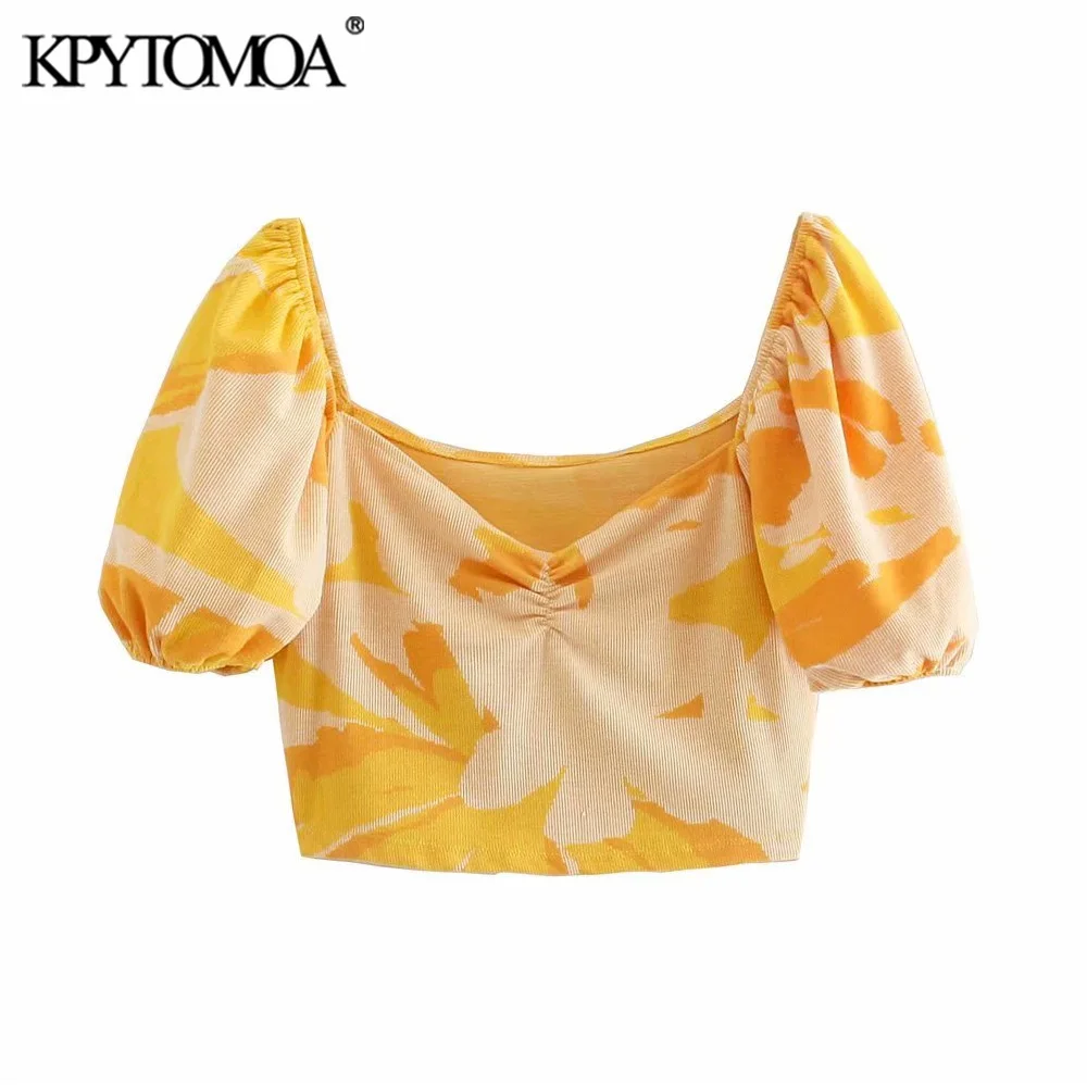 

KPYTOMOA Женская мода 2021 плиссированные жаккардовые укороченные вязаные блузки винтажные женские рубашки с квадратным воротником и пышными ру...