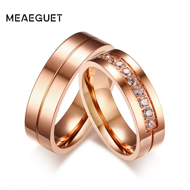 Обручальное кольцо из нержавеющей стали цвета розового золота с фианитом|stainless