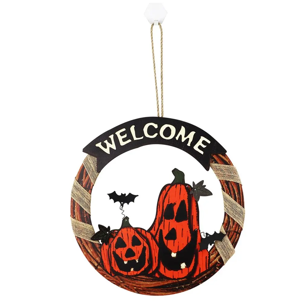 

Halloween Hanging Wreath Pendants Welcome Wreath Wood Wall Door Hanging Ornaments Halloween Home Decor Ornament