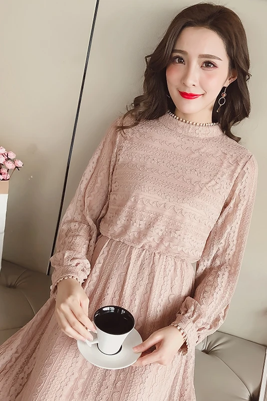 Новый Для женщин платье длинный рукав кружево Тонкий интеллект дыма длинные