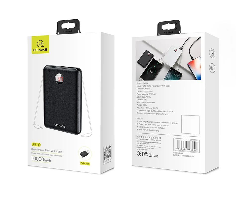 USAMS power Bank светодиодный дисплей mi ni power bank Внешняя батарея Poverbank зарядка Pover bank с usb-кабелем для xiaomi mi iPhone