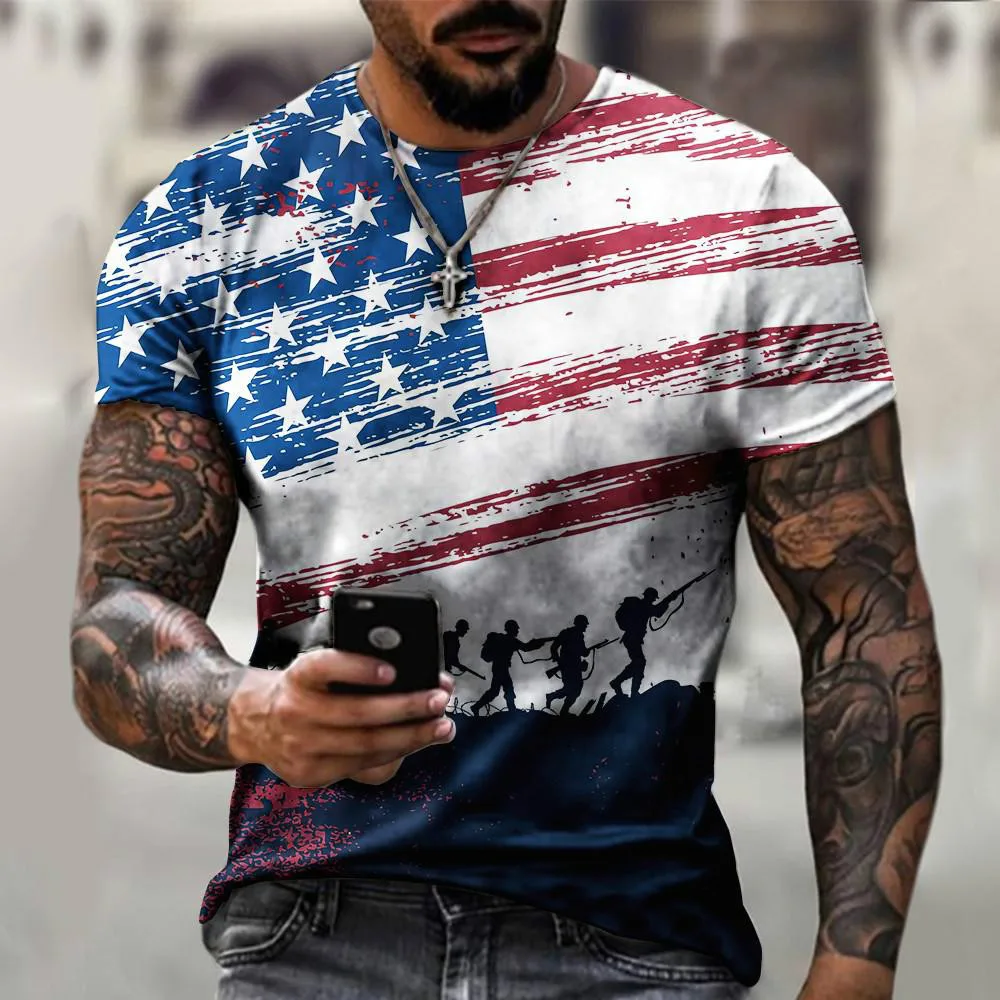 

Men's plus size sports T-shirt American flag print streetwear loose top