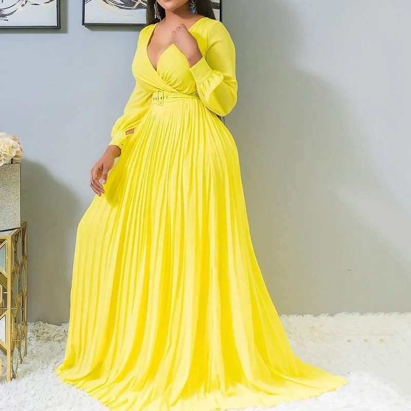 

Women Maxi Pleated Dresses High Waist with Belt V Neck Elegant Party Dress Long Lantern Sleeves Autumn Fashion Yellow Vestidos