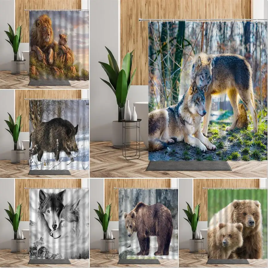 

Forest Animals Wolf Shower Curtain Lion Tiger Bear Bath Curtains Bathtub Partition Wall Decoration Fabric Screen Bathroom Decors