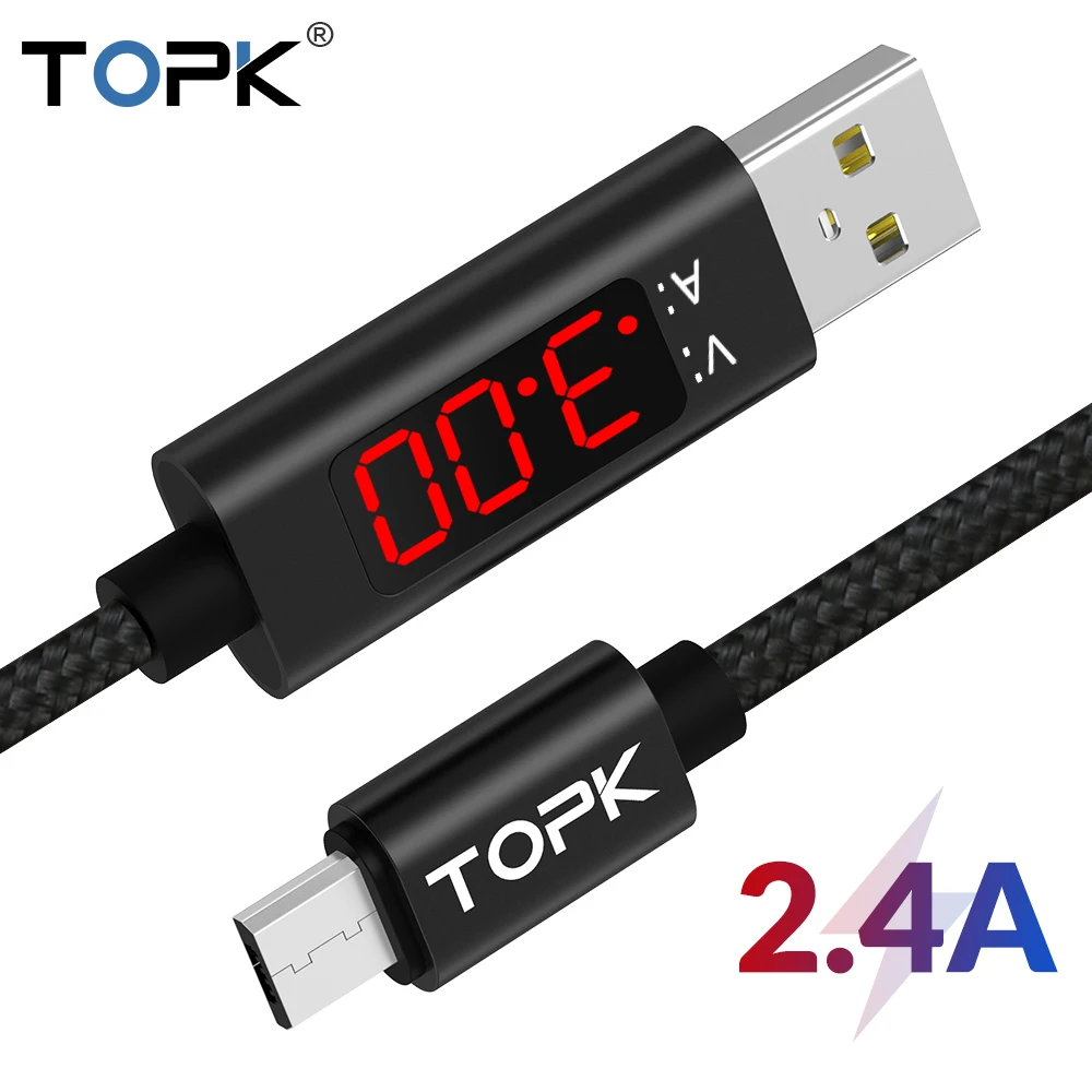 TOPK 1 м(3,28 фута) Micro USB зарядка данных светодиодный цифровой дисплей напряжения и тока нейлоновый Плетеный usb-кабель для Samsung Xiaomi LG