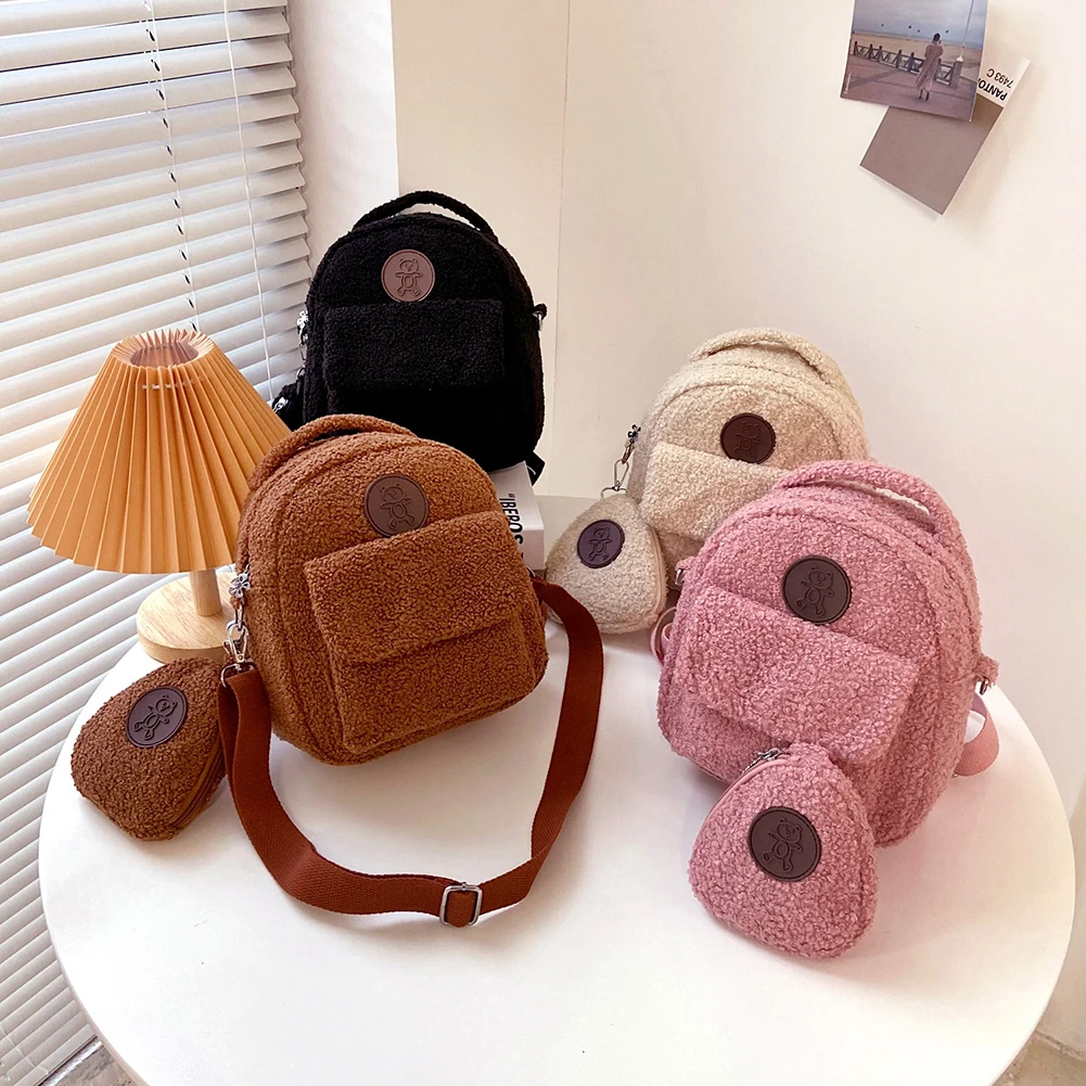 

2pcs Women Fashion Plush Zipper Shoulder Composite Bag Casual Autumn Winter Warm Fleece Mini Kindergarten Students Backpack