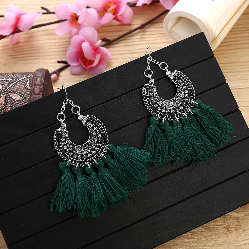 Стильные женские серьги с кисточками 9 см в богемном стиле круглые вечерние