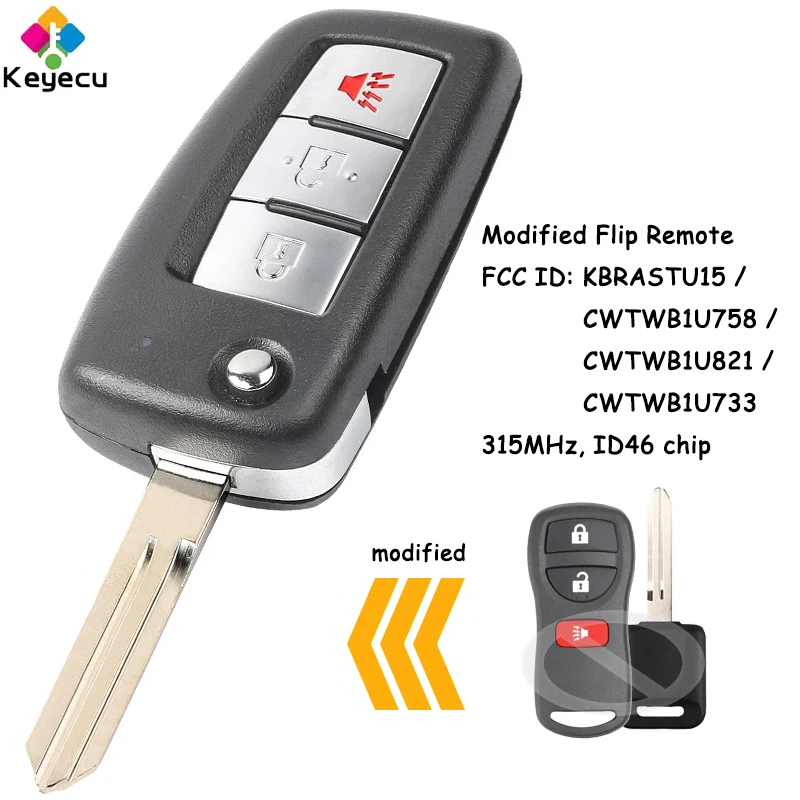KEYECU chiave per auto remota a vibrazione modificata con Chip ID46 da 315MHz-FOB per Nissan per Infiniti FX35 FX45 ID FCC: KBRASTU15 CWTWB1U733