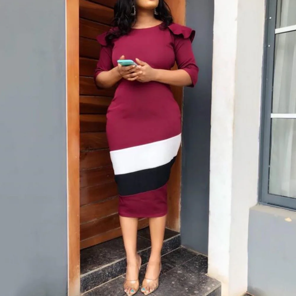 Облегающее миди летнее платье винно красного цвета для женщин офисные вечерние