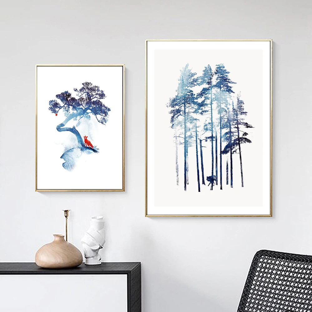 Скандинавский декор лесной пейзаж настенное искусство холст синее дерево плакат