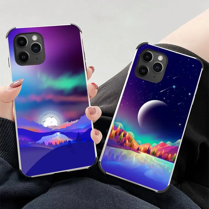 

ins artistic aurora landscape Phone Case Lambskin Leather For iphone 12 11 8 7 6 XR X XS PLUS MINI PLUS PRO MAX Shockproof