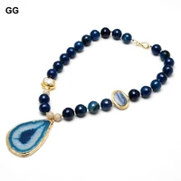 guaiguai jewelry natural agates faceted round shape oval kyanite white flower pearl necklace blue agate slice pendant for women