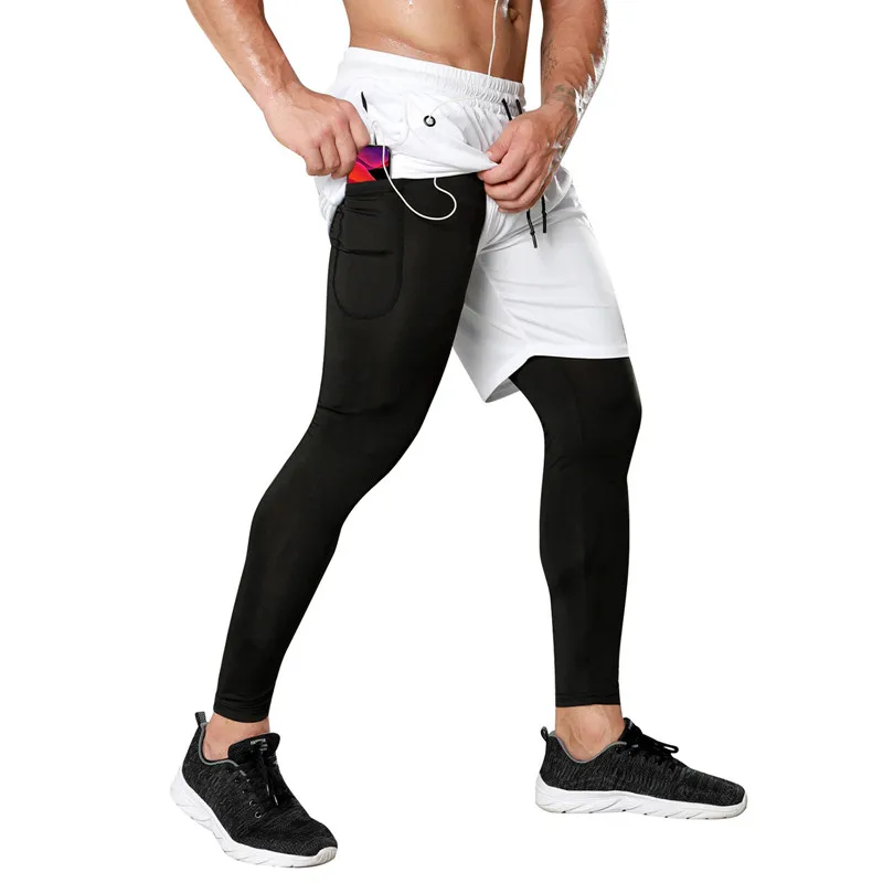 

2021 Running Shorts + Tights Leggings Men Fitness Gym Training Sports Quick Dry Workout Gym Jogging Double Deck Running Tights