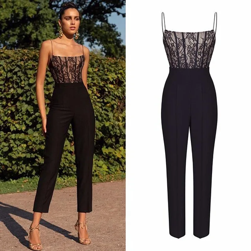 

Ladies Black Ankle-length Straight Pants Women Fashion Sleeveless Suspender Jumpsuit Sexy O-Neck Slim Lace Jumpsuit Rompers
