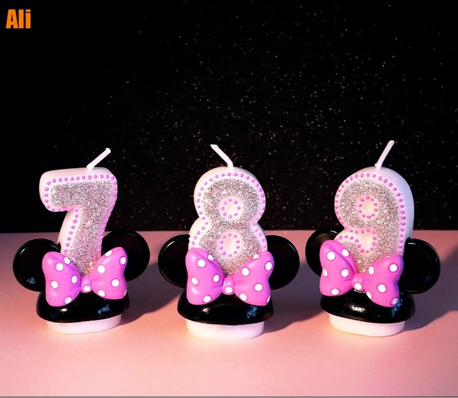 Фигурка на день рождения свеча в виде чисел розовый бант голова мыши для девочек