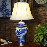 modern chinese ceramic decorative blue and white porcelain dragon pattern all copper table lamp