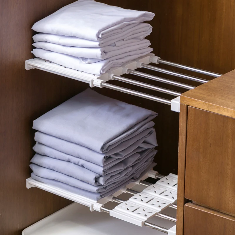 

26-90CM Wardrobe Retractable Storage Holder Rack Cabinets Layered Partition Shelf Kitchen Holder Telescopic Organizer