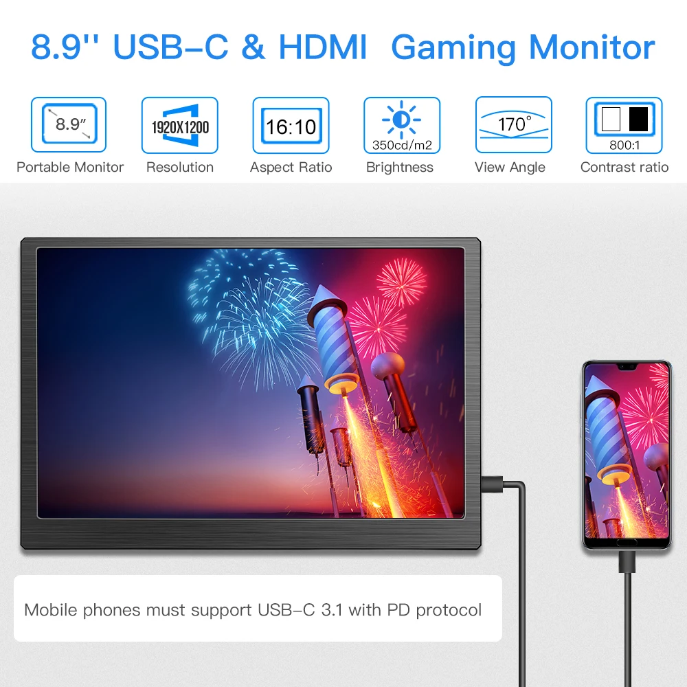 eyoyo em09t 8 9 usb type c portable gaming monitor touch screen 1920x1200 ips ps4 xbox display for pc laptop phone nintendo free global shipping