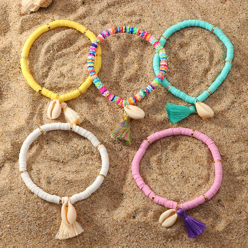 Женский браслет ручной работы из полимерной глины Ehthic Beach Boho, разноцветный браслет с кисточкой в богемском стиле из ракушек