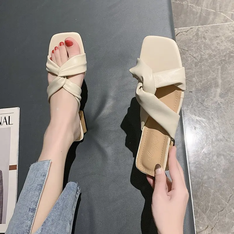 

Shoes Low Lady Slippers Soft Slides Square Toe Fashion Girl Comfort Luxury Block Rubber Rome Hoof Heels PU Low Square heel Shoes