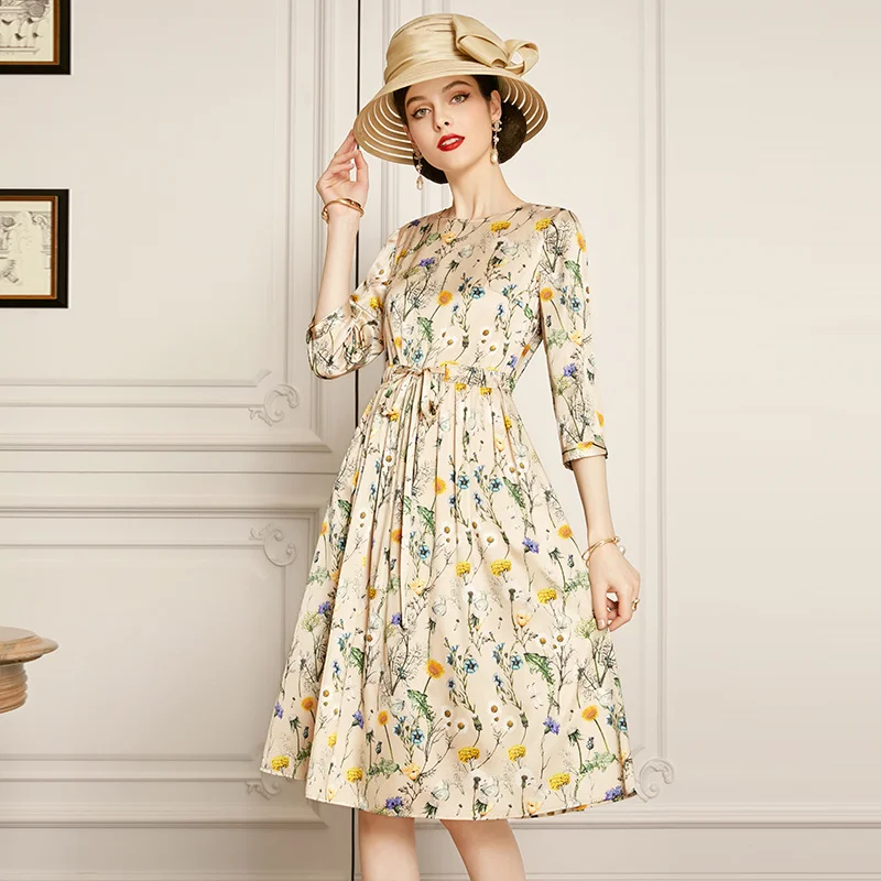 

SHZQ Silk Dress Women's 2021 Autumn New Fashion Mulberry Silk Floral Skirt Slim Waist A-line Skirt