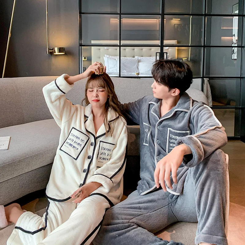 New Flannel Couple Pajamas for Women and Men Thickened Plus Velvet Coral Fleece Homewear Clothes Sleepwear Pajamas Set пижама