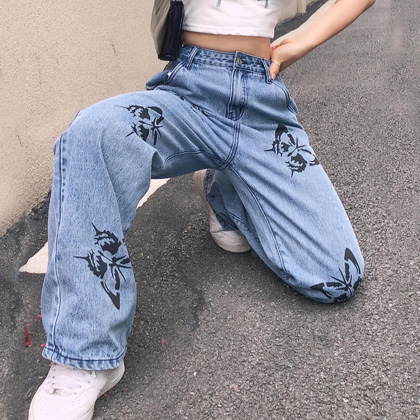 

2021 New Summer Straight Jeans Woman High Waist Long Trousers Cowboy Female Loose Streetwear Butterfly Print Pants #T2G