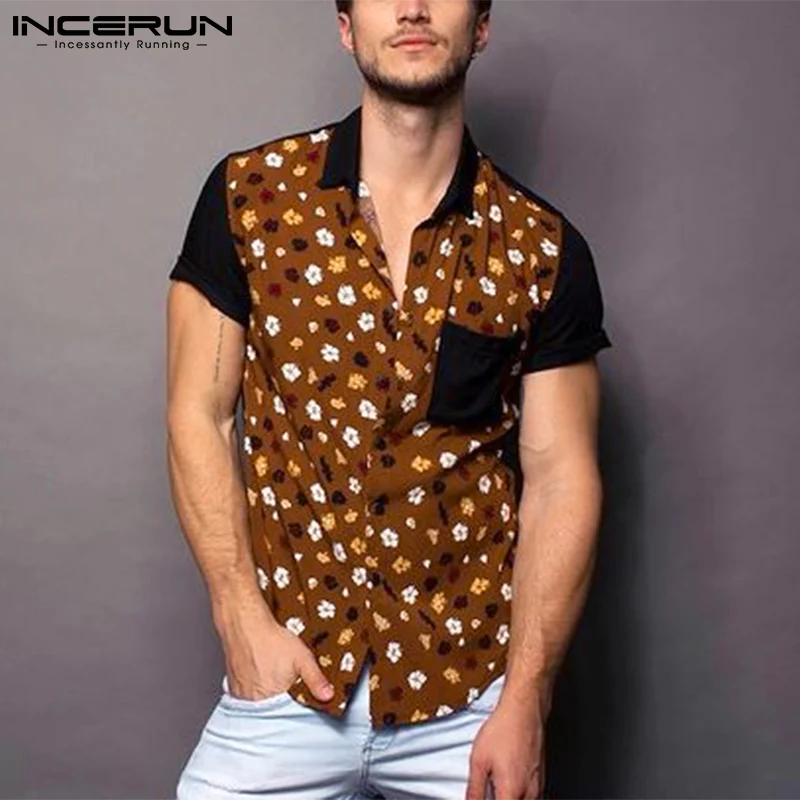 

INCERUN Summer Men Hawaiian Shirt Patchwork Printed Lapel Short Sleeve Casual Men Clothing Streetwear 2021 Button Leisure Camisa