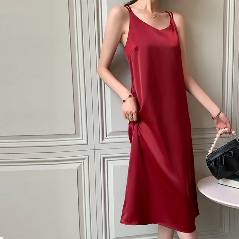

HOUZHOU Satin Dress Summer Slip Elegant Backless Sundresses Women Sexy Black Midi Dress Oversize Plus Size Casual Robe