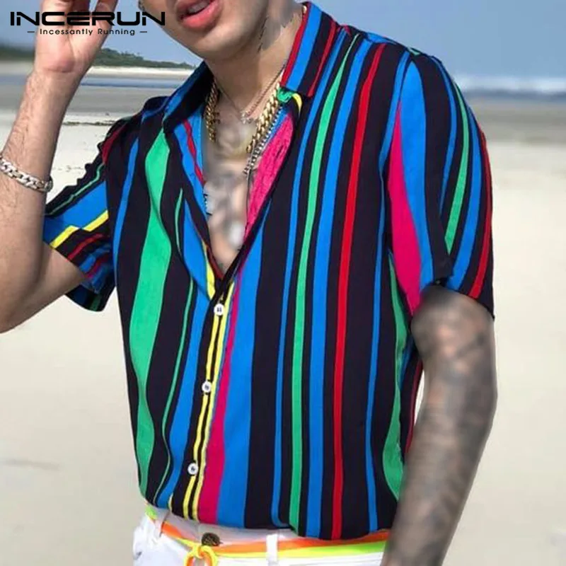 

Leisure Colorful Streak Blouse INCERUN Fashion Striped Men Shirts Short Sleeve Lapel Camisa Man Hawaiian Beach Button Shirts 3XL