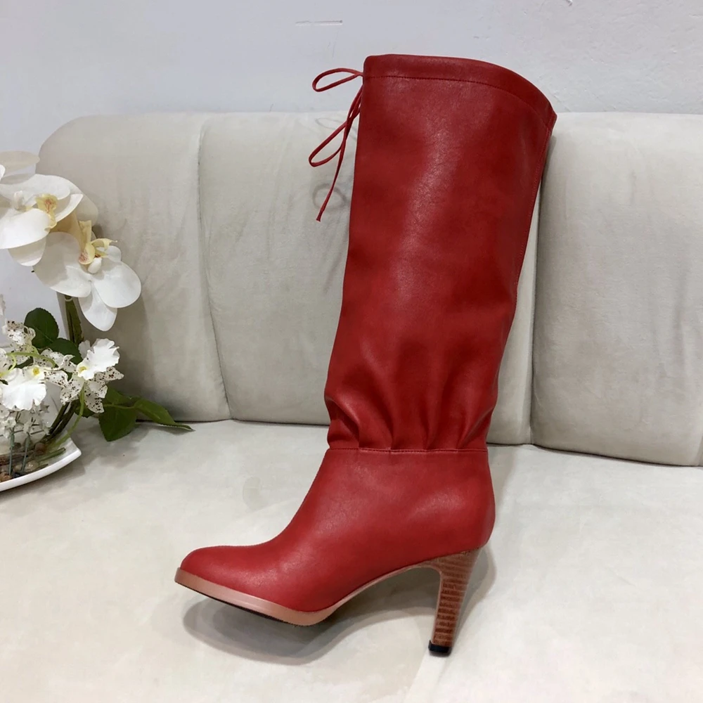 Red Chueyz/модные женские сапоги до колена на Высоком толстом каблуке Женская обувь на тонком каблуке с круглым носком дышащие яловые женские туфли - Цвет: Red