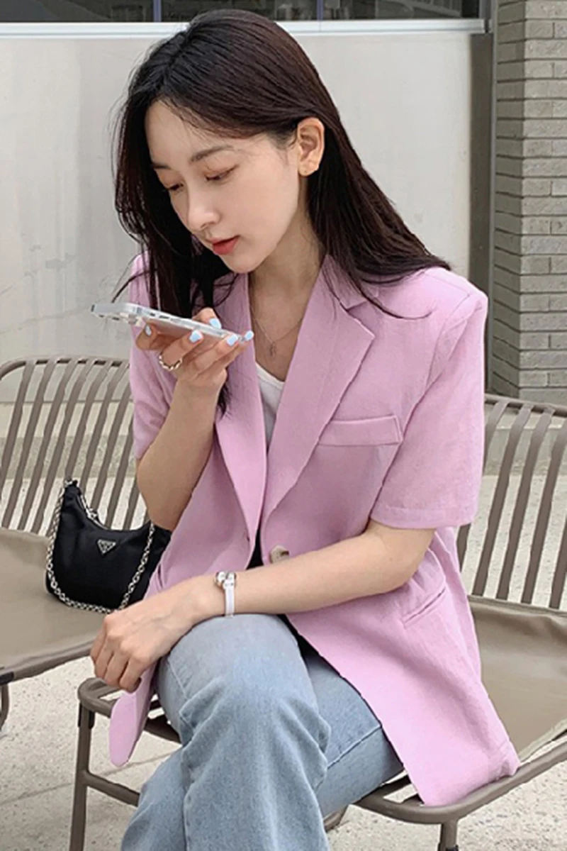 

Korean chic summer wild pink and white lapel one button design shoulder pad short-sleeved small suit jacket female